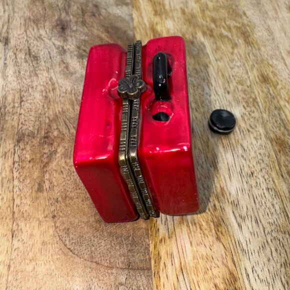 Porcelain Hinged Trinket Lunch Box Cowboy & Horse With Cookie Miniature Red Cute - Picture 4 of 9